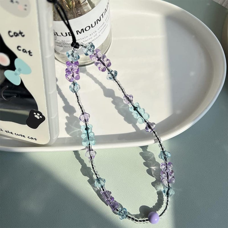 WCCH Beaded Phone Charm Y2K Kawaii Handmade Acrylic Phone Lanyard Wrist Strap for Camera Bag Airpods Keychain Charm Blue and Purple Small Bear - Image 3